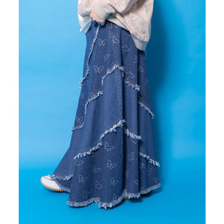 蝶刺繍or配色 スパイラル切替フリンジデニムスカート | ScoLar | 詳細画像4 
