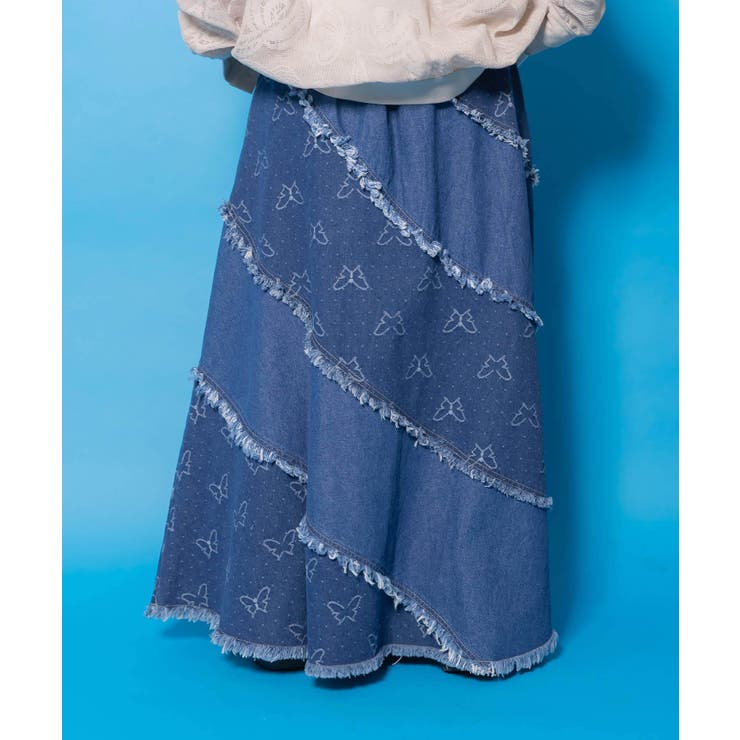 蝶刺繍or配色 スパイラル切替フリンジデニムスカート | ScoLar | 詳細画像5 