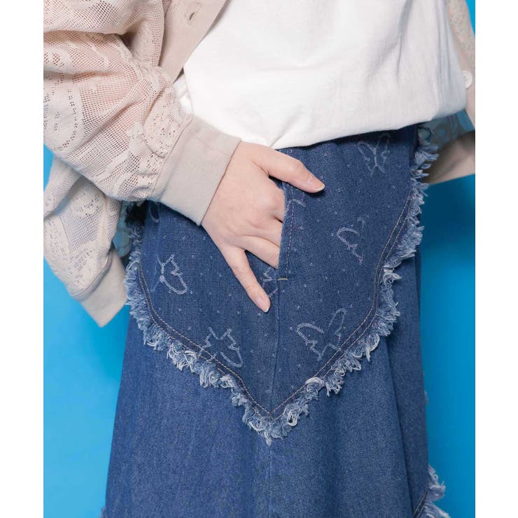蝶刺繍or配色 スパイラル切替フリンジデニムスカート | ScoLar | 詳細画像7 