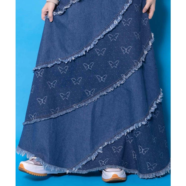 蝶刺繍or配色 スパイラル切替フリンジデニムスカート | ScoLar | 詳細画像8 