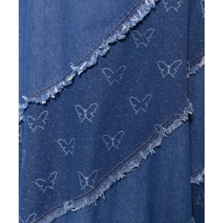 蝶刺繍or配色 スパイラル切替フリンジデニムスカート | ScoLar | 詳細画像9 