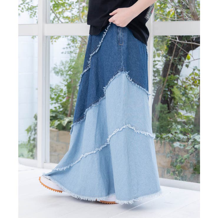 蝶刺繍or配色 スパイラル切替フリンジデニムスカート | ScoLar | 詳細画像13 