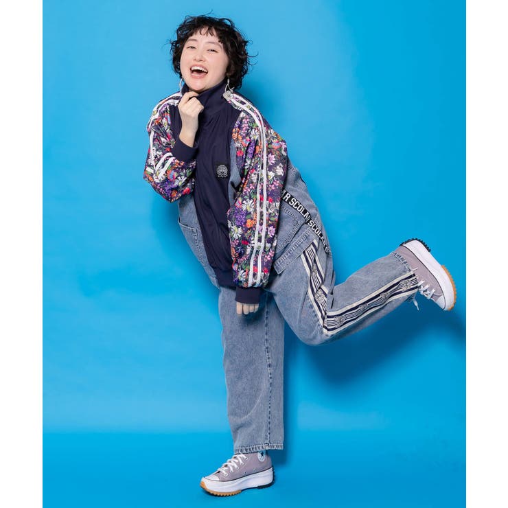 花ネコ柄ジャージ×デニム 異素材切替ブルゾン | ScoLar | 詳細画像1 