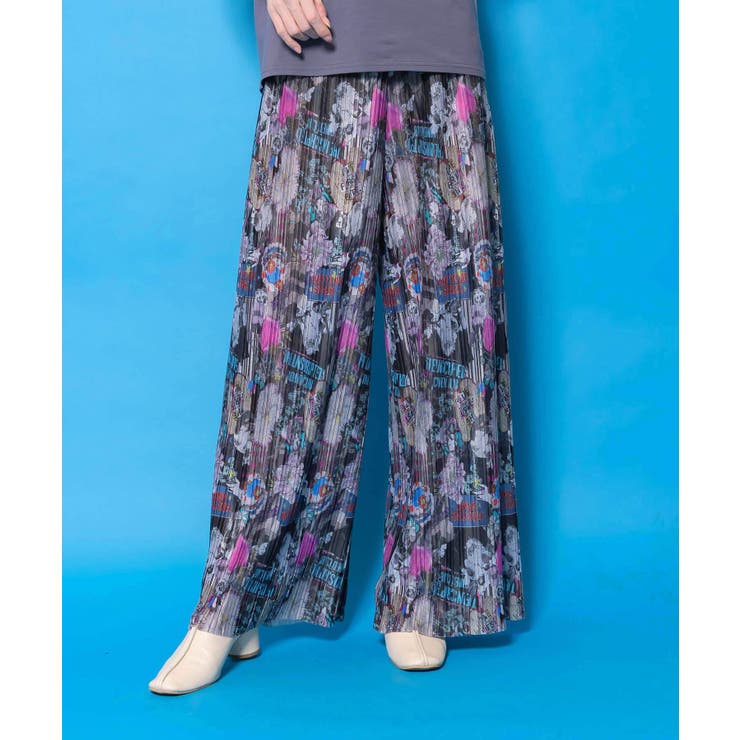 ブラック | 花ネコ柄ランダムプリーツパンツ | ScoLar