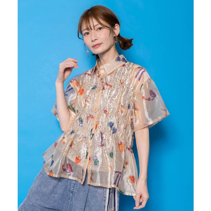 βベータ　エジプト猫柄 シアーシャツ レディース おしゃれネコちゃん柄シアーシャツ[品番：SRSW0002424]｜ScoLar