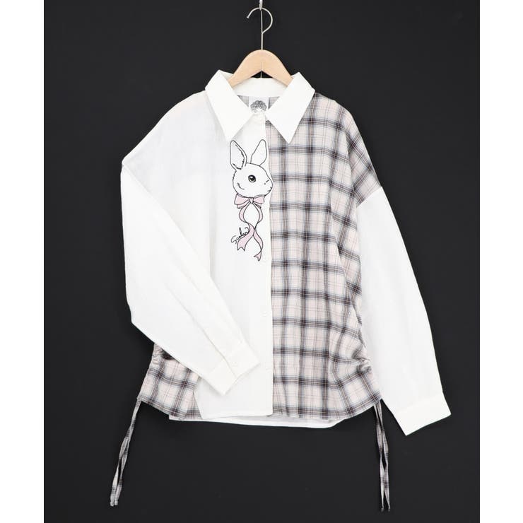 オフホワイト | リボンウサギ刺繍チェック切替シャツ | ScoLar