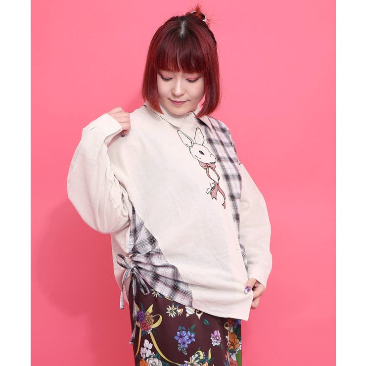 リボンウサギ刺繍チェック切替シャツ | ScoLar | 詳細画像4 