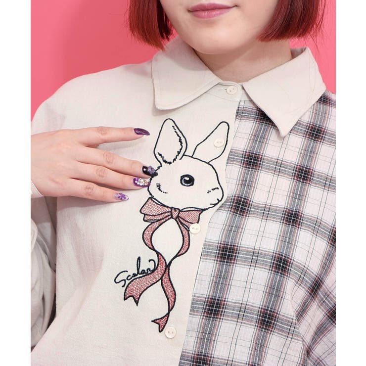 リボンウサギ刺繍チェック切替シャツ | ScoLar | 詳細画像6 