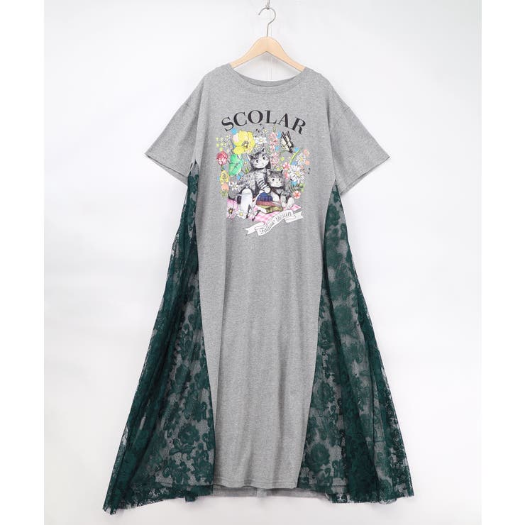 花ネコピクニック柄 天竺×レースワンピース | ScoLar | 詳細画像9 