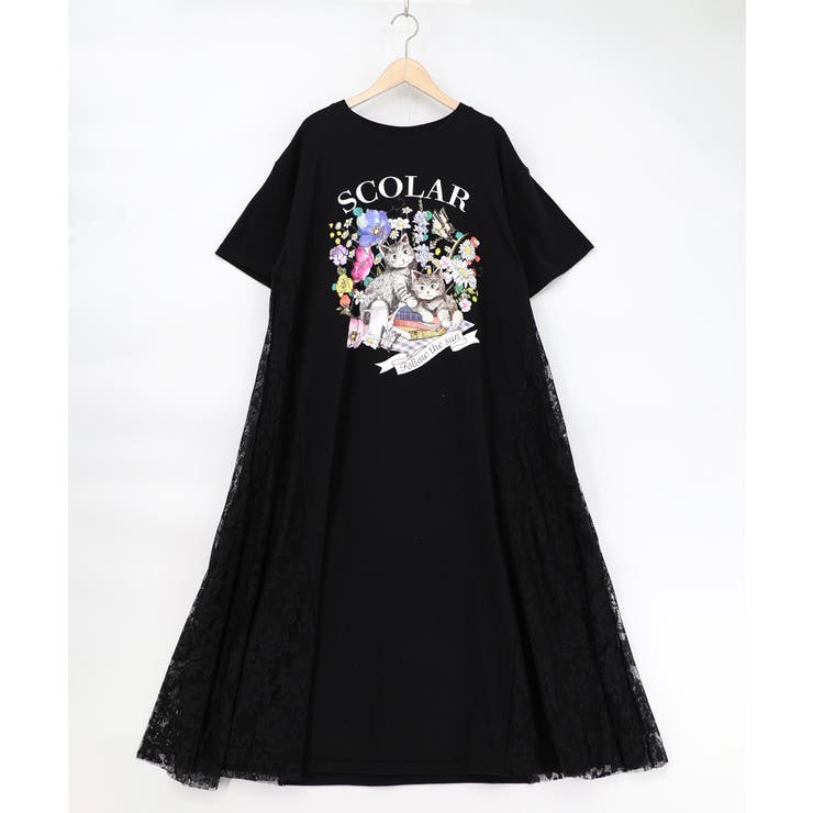 ブラック | 花ネコピクニック柄 天竺×レースワンピース | ScoLar