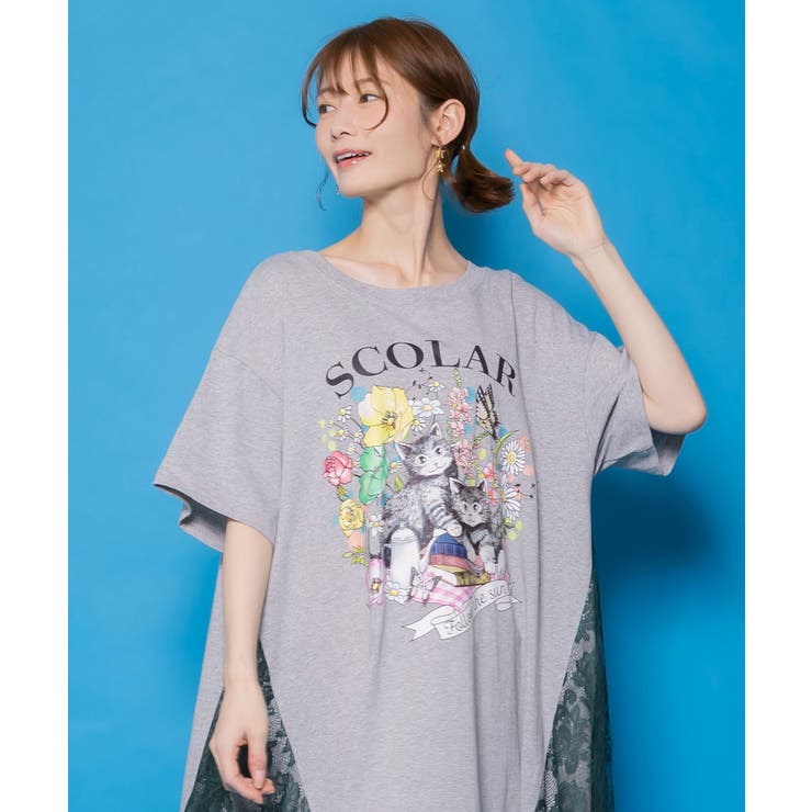 花ネコピクニック柄 天竺×レースワンピース | ScoLar | 詳細画像1 