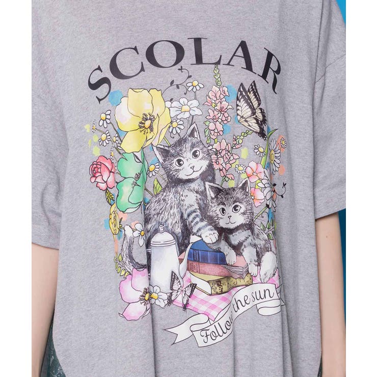 花ネコピクニック柄 天竺×レースワンピース | ScoLar | 詳細画像5 