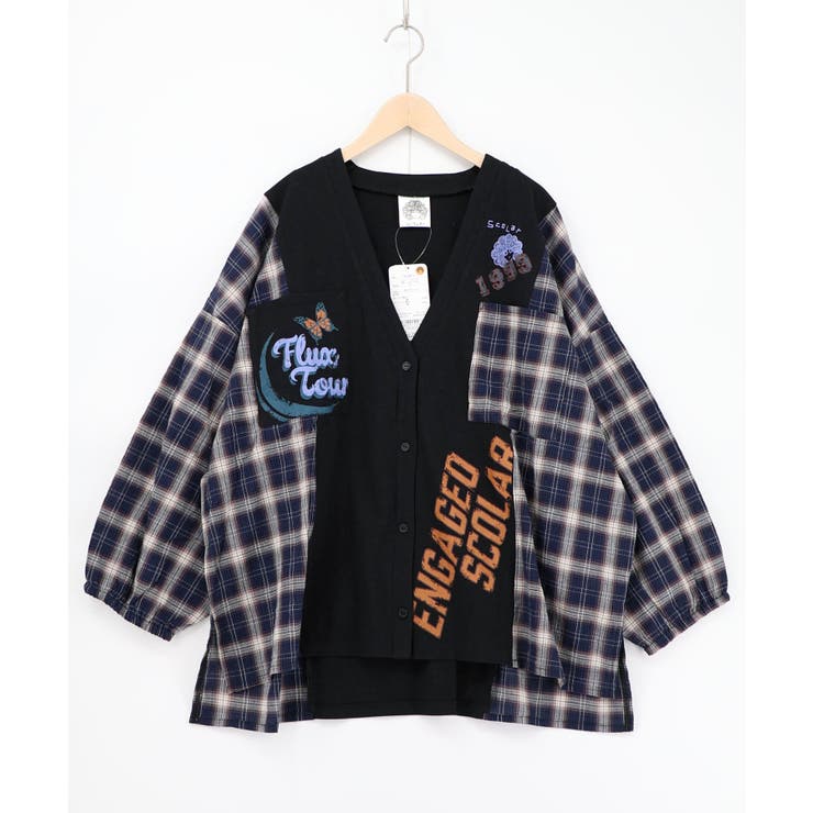 ブラック | レトロ柄チェック切替カーディガン | ScoLar