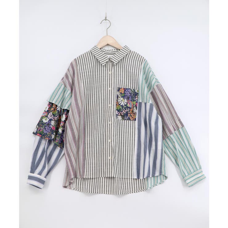 ブラック | チェックorストライプ 総柄アシメパッチワークシャツ | ScoLar