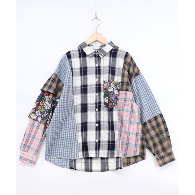 チェックorストライプ 総柄アシメパッチワークシャツ | ScoLar | 詳細画像4 