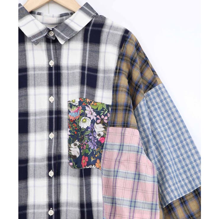 チェックorストライプ 総柄アシメパッチワークシャツ | ScoLar | 詳細画像6 