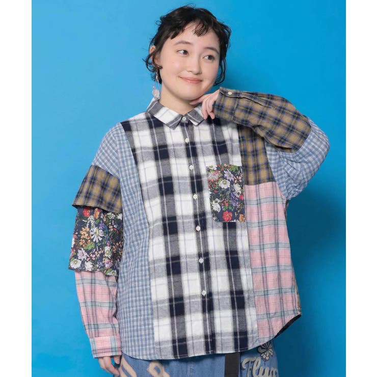 ブルー | チェックorストライプ 総柄アシメパッチワークシャツ | ScoLar