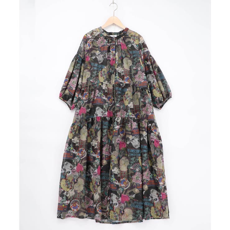 花ネコ柄シアー素材ティアードシャツワンピ | ScoLar | 詳細画像15 