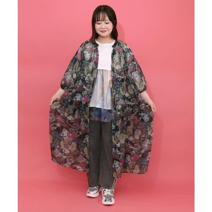 ブラック | 花ネコ柄シアー素材ティアードシャツワンピ | ScoLar