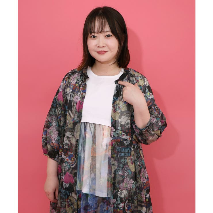 花ネコ柄シアー素材ティアードシャツワンピ | ScoLar | 詳細画像10 