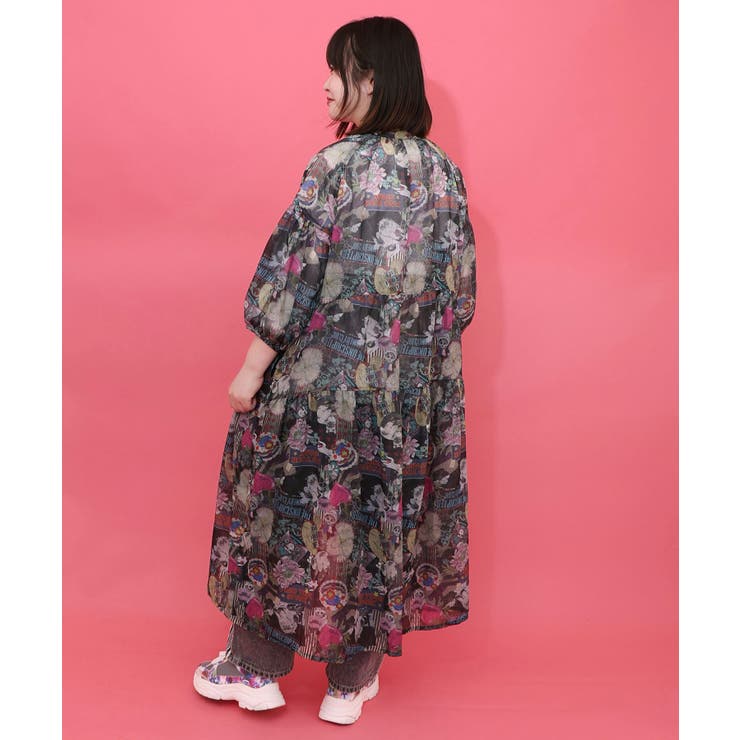 花ネコ柄シアー素材ティアードシャツワンピ | ScoLar | 詳細画像12 