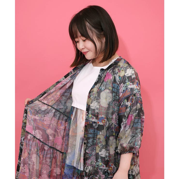 花ネコ柄シアー素材ティアードシャツワンピ | ScoLar | 詳細画像13 