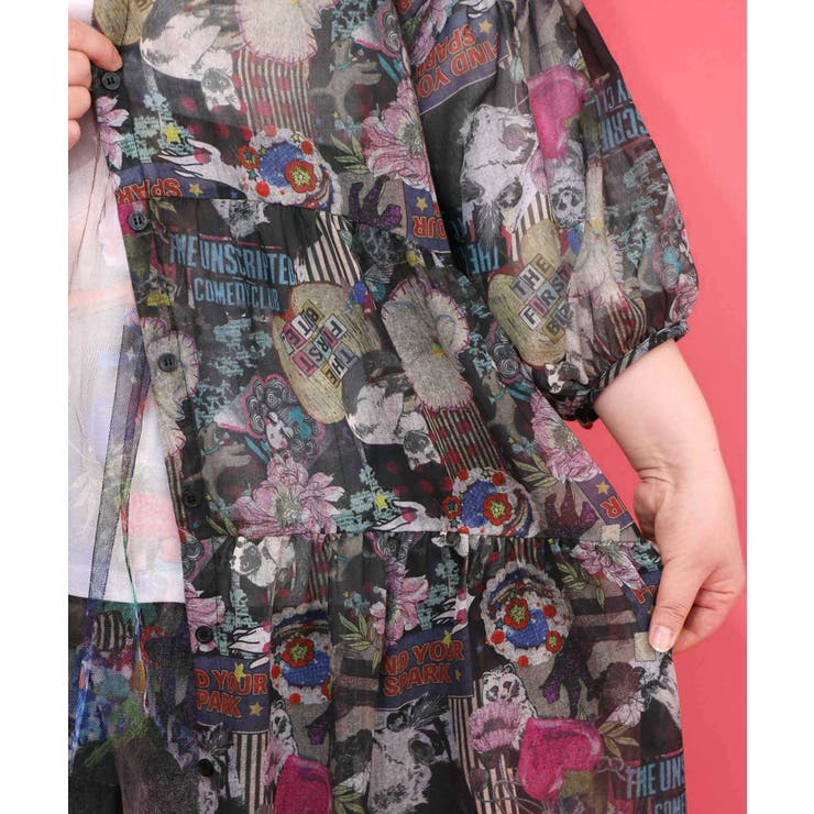 花ネコ柄シアー素材ティアードシャツワンピ | ScoLar | 詳細画像14 