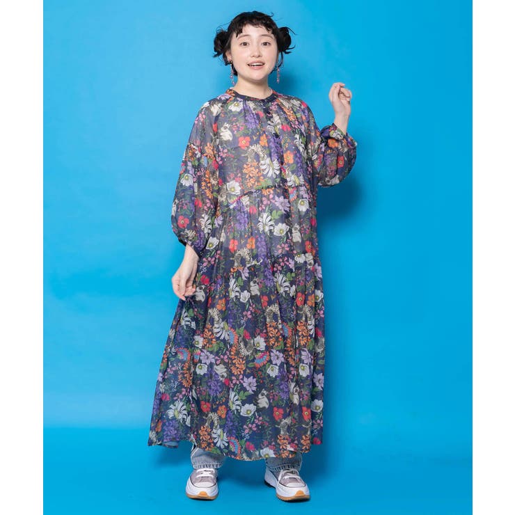 花ネコ柄シアー素材ティアードシャツワンピ | ScoLar | 詳細画像2 