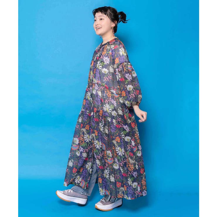 花ネコ柄シアー素材ティアードシャツワンピ | ScoLar | 詳細画像3 