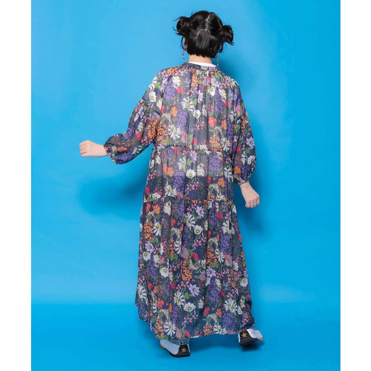 花ネコ柄シアー素材ティアードシャツワンピ | ScoLar | 詳細画像4 