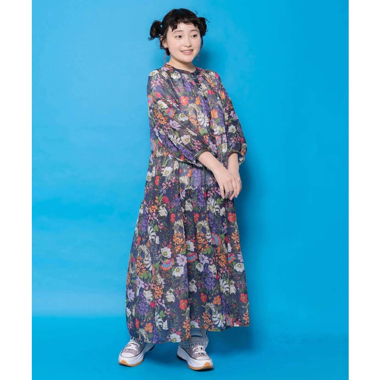 花ネコ柄シアー素材ティアードシャツワンピ | ScoLar | 詳細画像5 