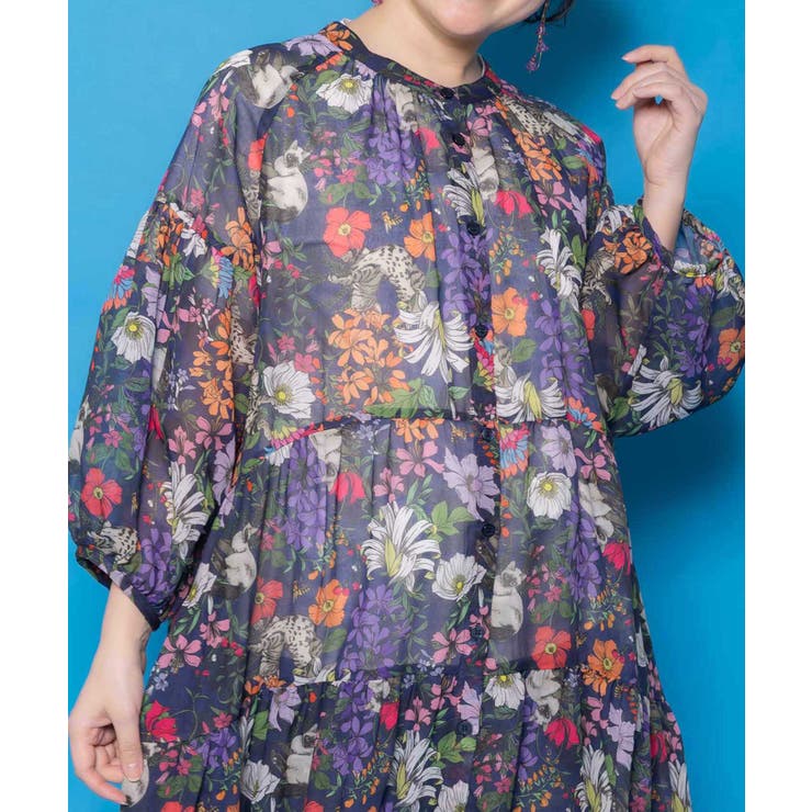 花ネコ柄シアー素材ティアードシャツワンピ | ScoLar | 詳細画像6 