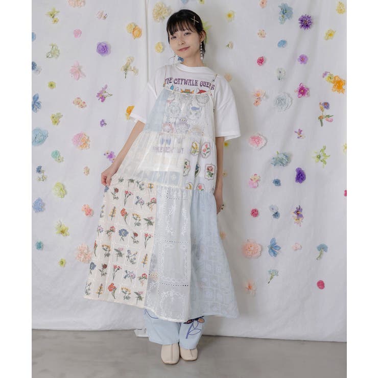 オフホワイト | 花刺繍×コットンレース×シアー 異素材キャミワンピース | ScoLar