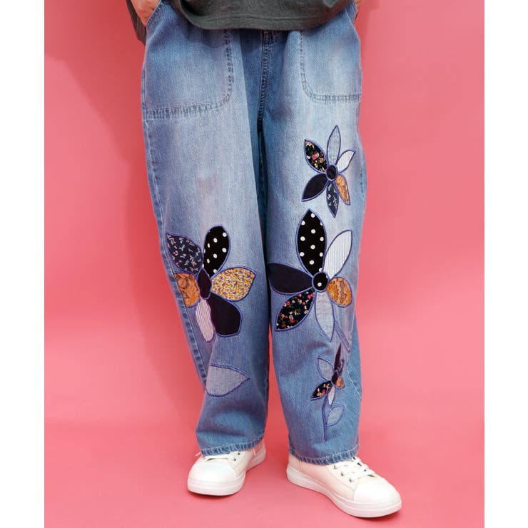 ネイビー | パッチワークお花アップリケデニムパンツ | ScoLar