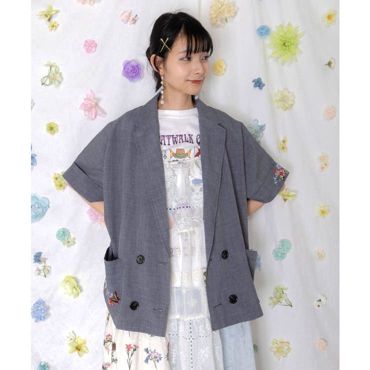グレー | 花ネコ刺繍入り半袖ジャケット | ScoLar