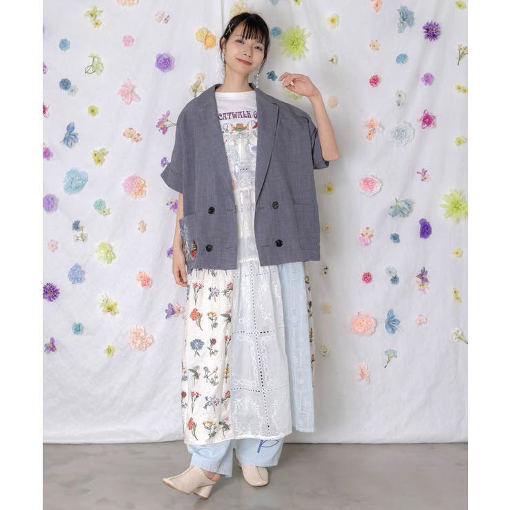 花ネコ刺繍入り半袖ジャケット | ScoLar | 詳細画像1 