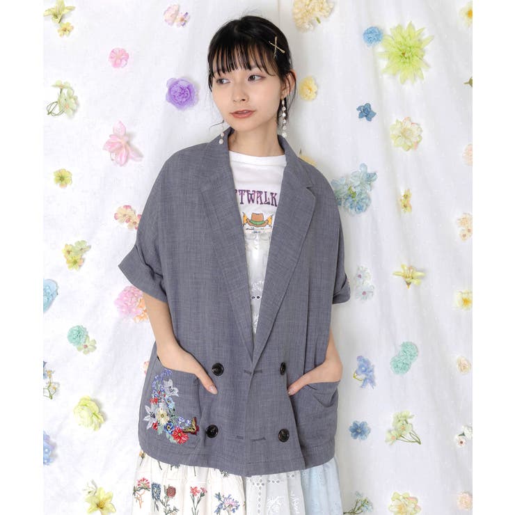 花ネコ刺繍入り半袖ジャケット | ScoLar | 詳細画像2 