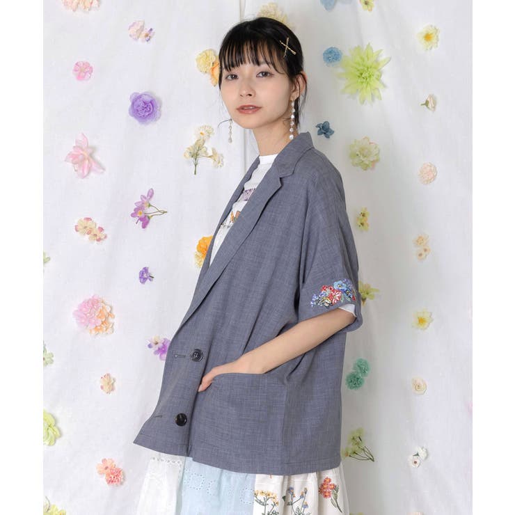 花ネコ刺繍入り半袖ジャケット | ScoLar | 詳細画像3 