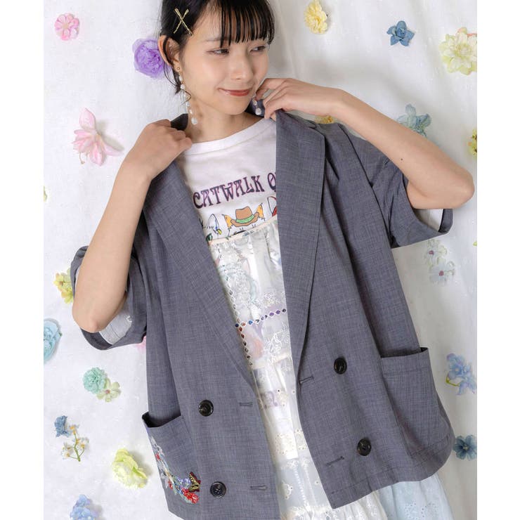 花ネコ刺繍入り半袖ジャケット | ScoLar | 詳細画像5 