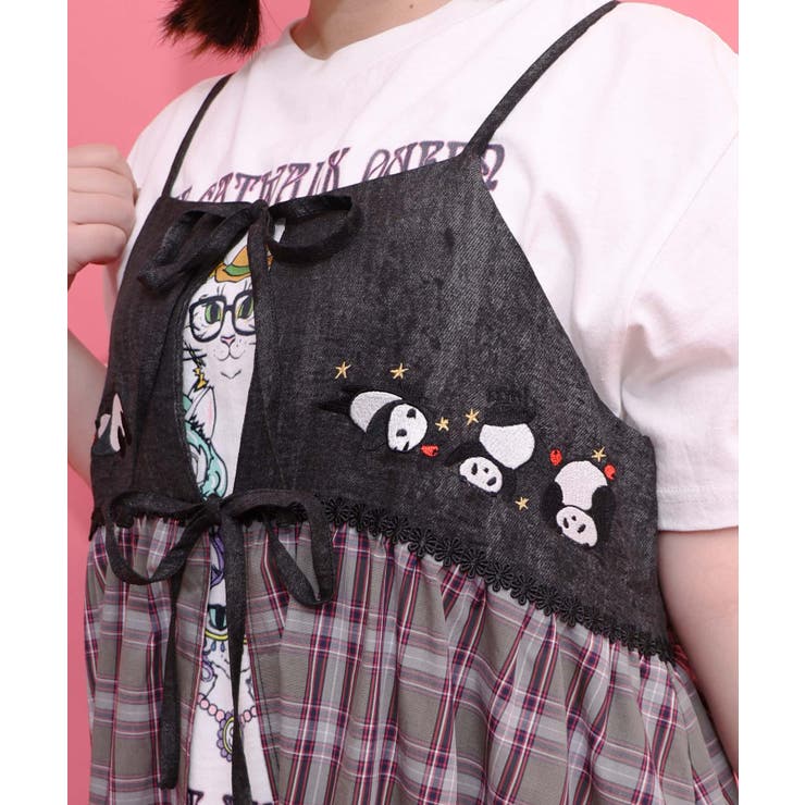 ストライプorチェック パンダ刺繍キャミワンピース | ScoLar | 詳細画像15 