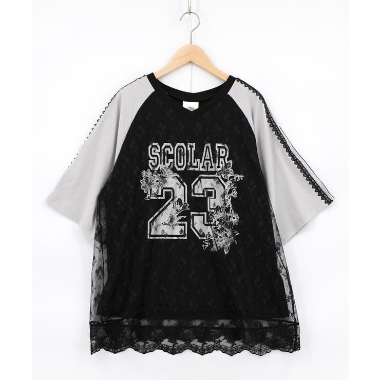 ブラック | 花チュールレース重ねユニフォーム風Tシャツ | ScoLar