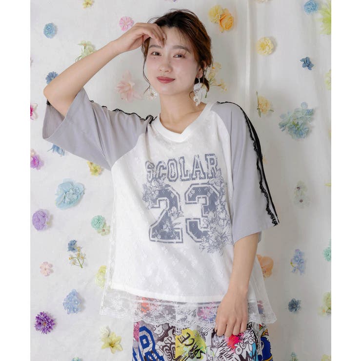 オフホワイト | 花チュールレース重ねユニフォーム風Tシャツ | ScoLar