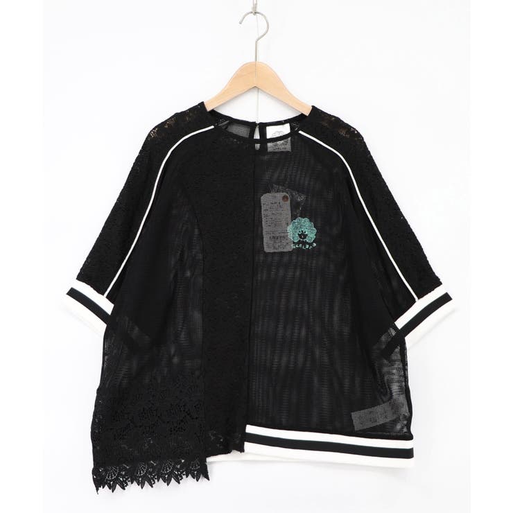 ブラック | メッシュ×花柄レース 異素材Tシャツ | ScoLar