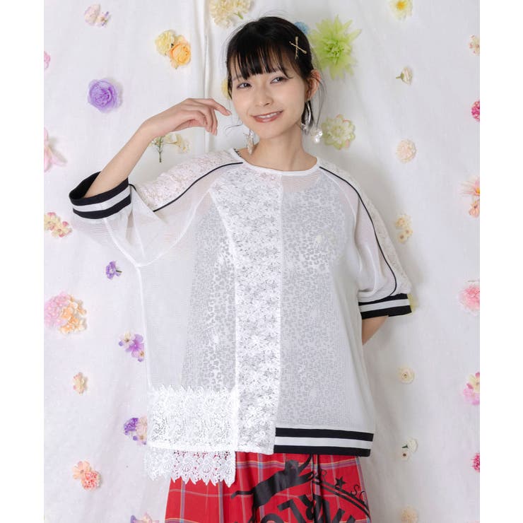 メッシュ×花柄レース 異素材Tシャツ | ScoLar | 詳細画像2 