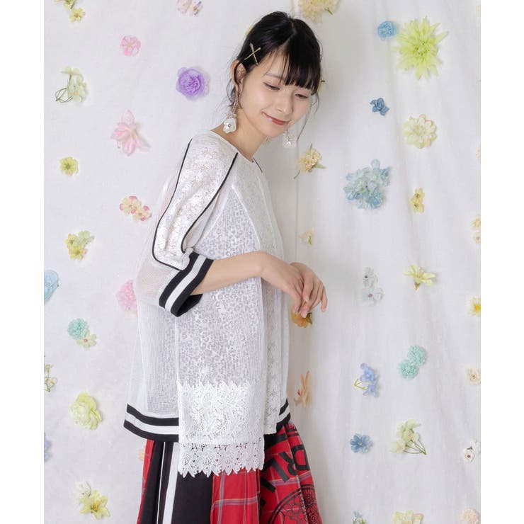 メッシュ×花柄レース 異素材Tシャツ | ScoLar | 詳細画像3 