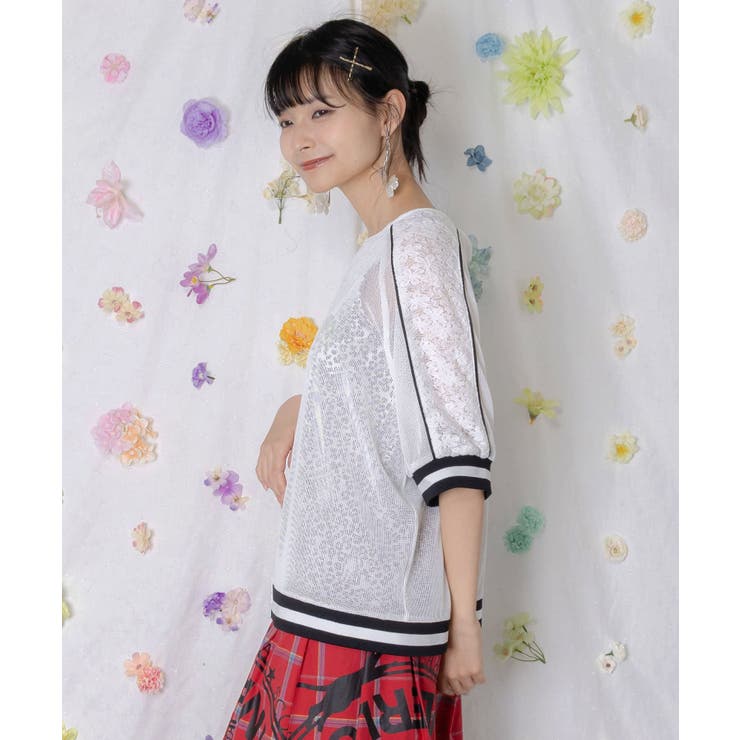 メッシュ×花柄レース 異素材Tシャツ | ScoLar | 詳細画像5 