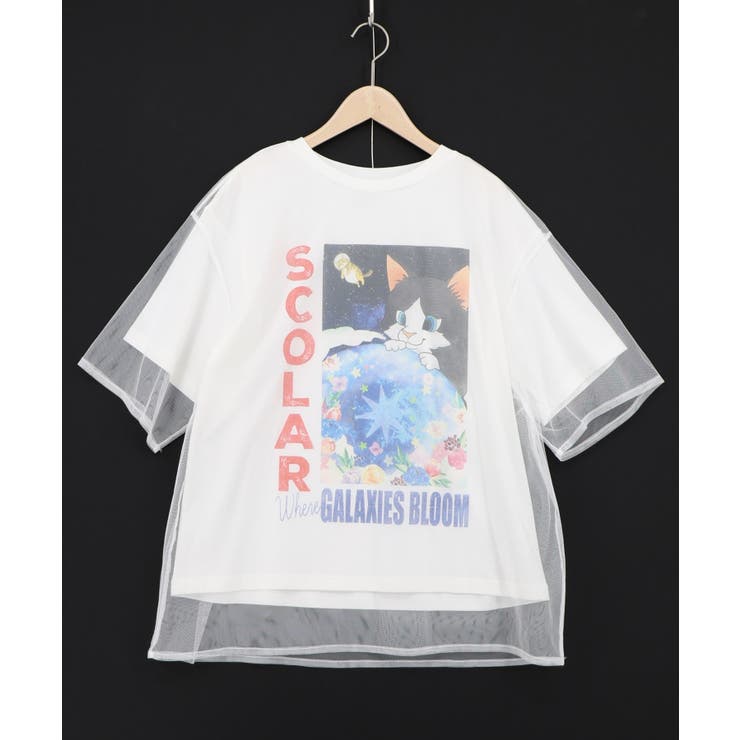 ネコ宇宙柄 チュール重ねTシャツ | ScoLar | 詳細画像6 