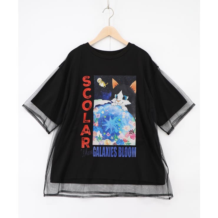 ブラック | ネコ宇宙柄 チュール重ねTシャツ | ScoLar