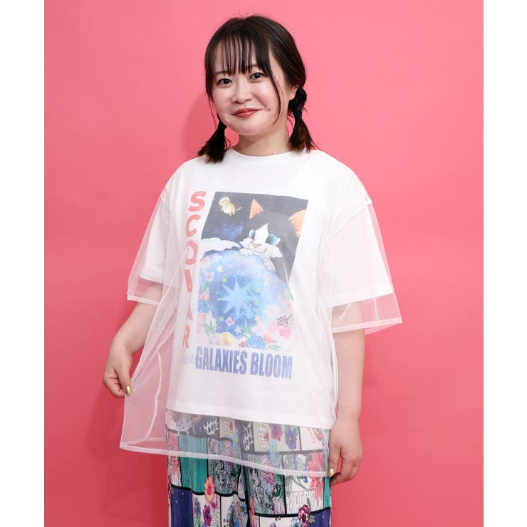 オフホワイト | ネコ宇宙柄 チュール重ねTシャツ | ScoLar