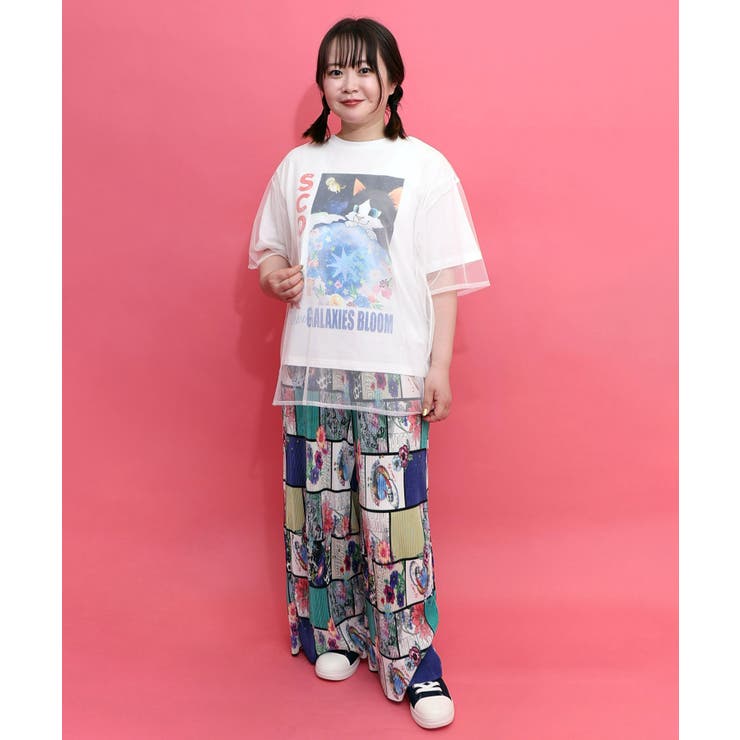 ネコ宇宙柄 チュール重ねTシャツ | ScoLar | 詳細画像1 
